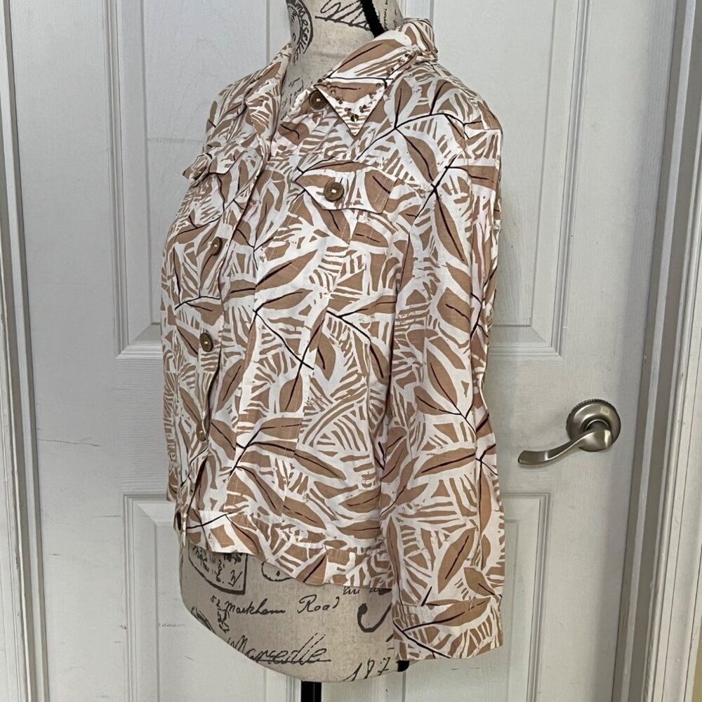 Hearts Of Palm Tan Botanical Print Linen Jacket Blazer Casual Coastal Neutral 14 - Picture 4 of 9